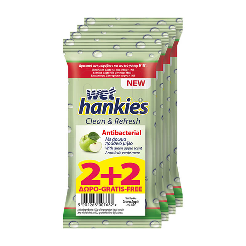 WET HANKIES ANTIBACTERIAL ΥΓΡΑ ΜΑΝΤΗΛΑΚΙΑ (2+2) 4Χ15=60τεμ. APPLE