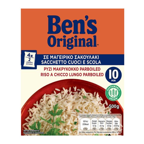 BEN'S ΡΥΖΙ ΜΑΚΡΥΚΟΚΚΟ PARBOILED 10min. ΣΕ ΜΑΓΕΙΡΙΚΟ ΣΑΚΟΥΛΑΚΙ 500g