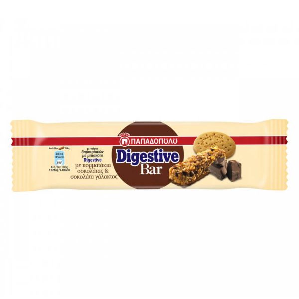 ΠΑΠΑΔΟΠΟΥΛΟΥ DIGESTIVE BAR 28g ΜΕ ΚΟΜΜΑΤΑΚΙΑ ΣΟΚΟΛΑΤΑΣ & ΣΟΚΟΛΑΤΑ ΓΑΛΑΚΤΟΣ
