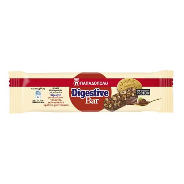 ΠΑΠΑΔΟΠΟΥΛΟΥ DIGESTIVE BAR 28g ΜΕ ΣΟΚΟΛΑΤΑ ΓΑΛΑΚΤΟΣ ΦΟΥΝΤΟΥΚΙΑ & ΠΡΑΛΙΝΑ ΦΟΥΝΤΟΥΚΙΟΥ