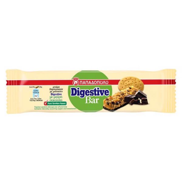 ΠΑΠΑΔΟΠΟΥΛΟΥ DIGESTIVE BAR 28g ΜΕ ΜΑΥΡΗ ΣΟΚΟΛΑΤΑ ΧΩΡΙΣ ΠΡΟΣΘΗΚΗ ΖΑΧΑΡΗΣ