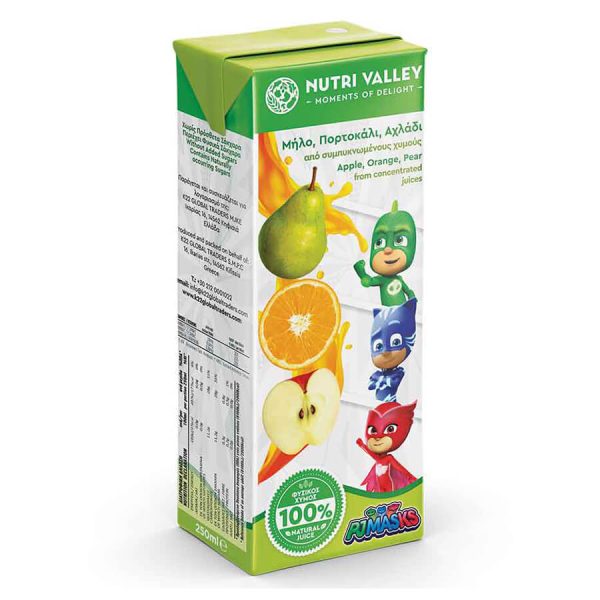 NUTRI VALLEY ΦΥΣΙΚΟΣ ΧΥΜΟΣ PJ MASKS ΜΗΛΟ, ΠΟΡΤΟΚΑΛΙ, ΑΧΛΑΔΙ 250ml