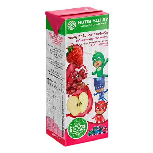 NUTRI VALLEY ΦΥΣΙΚΟΣ ΧΥΜΟΣ PJ MASKS 250ml ΜΗΛΟ ΦΡΑΟΥΛΑ ΣΤΑΦΥΛΙ