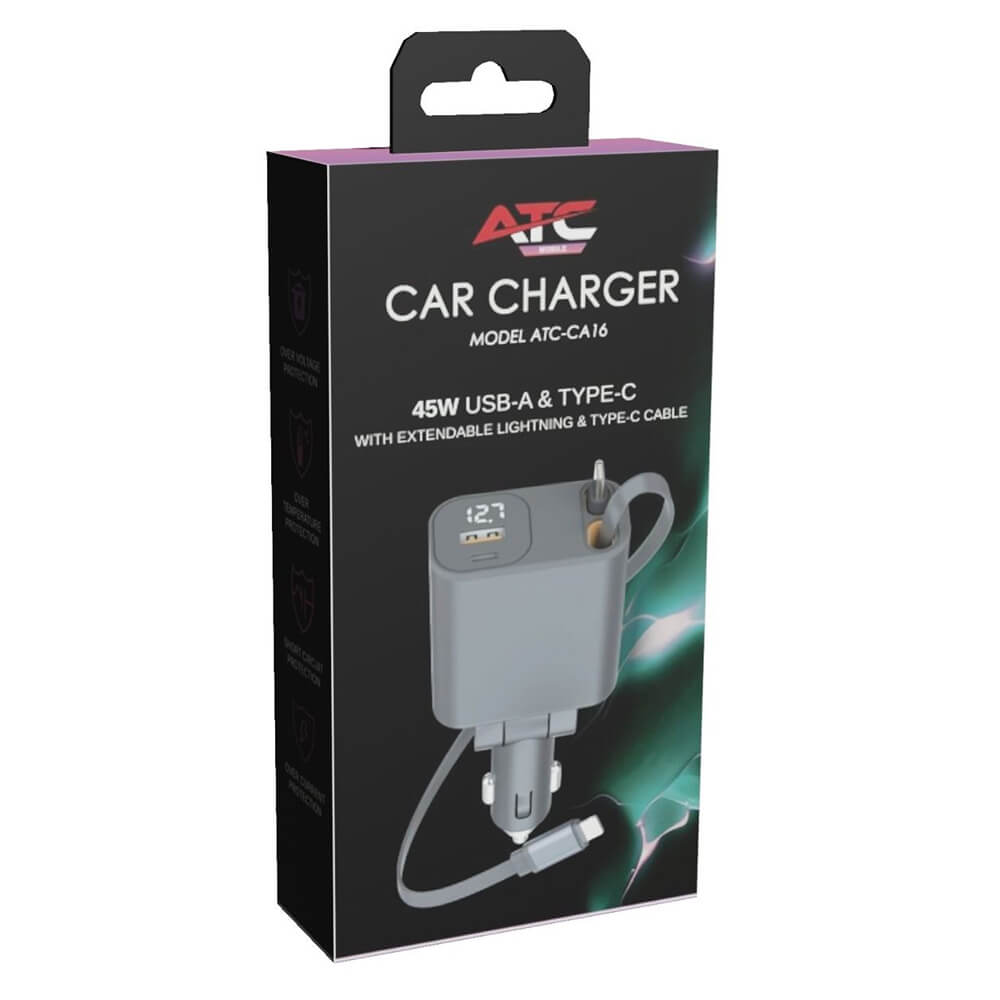ΦΟΡΤΙΣΤΗΣ ΑΥΤΟΚΙΝΗΤΟΥ USB-A & Type-C 45W με Επεκτεινόμενο Καλώδιο Lightning & Type-C ATC-CA16 - Image 2