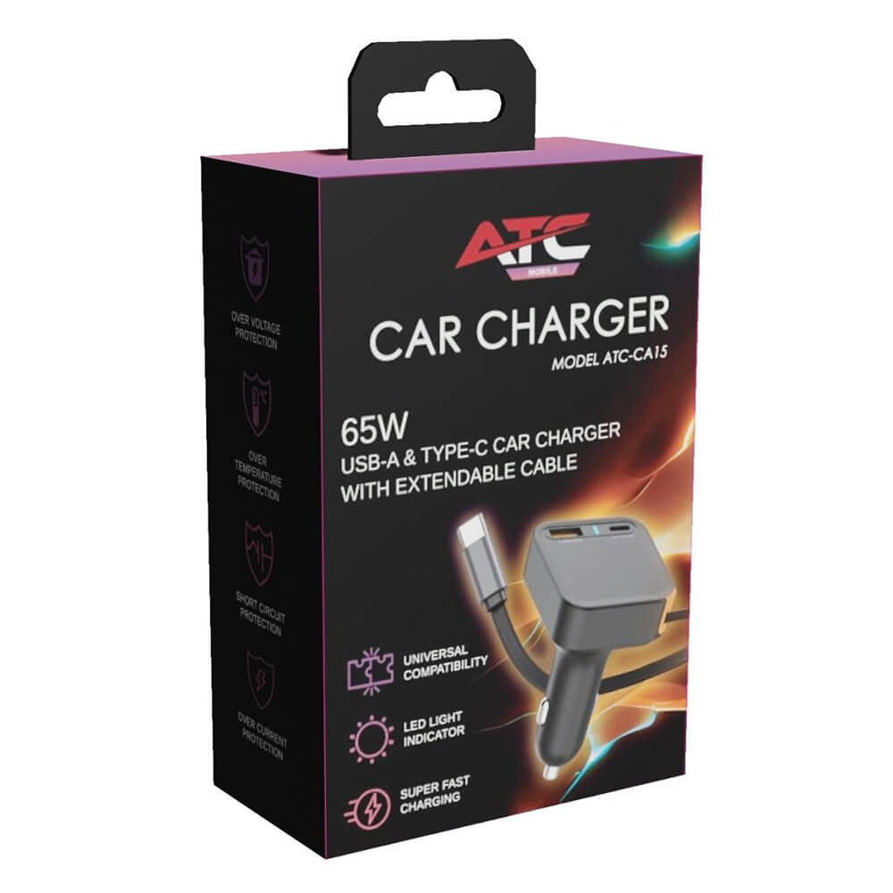 ΦΟΡΤΙΣΤΗΣ ΑΥΤΟΚΙΝΗΤΟΥ USB-A & Type-C 65W με Επεκτεινόμενο Καλώδιο Type-C ATC-CA15 - Image 2